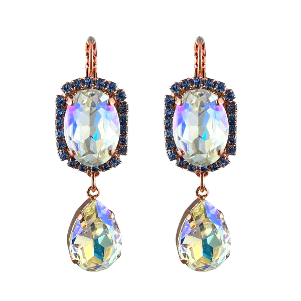 Image of diamond oval crystal earrings trimmed with blue seed crystals, and adorned with a diamond teardrop crystal set underneath.