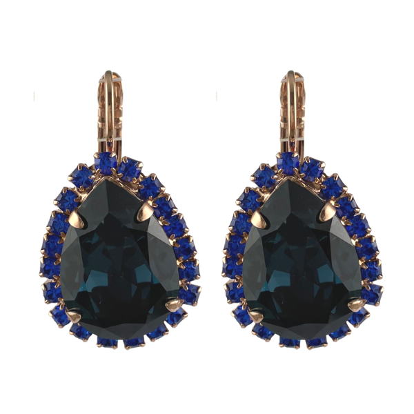 Seriously stylish bling! Teardrop midnight blue crystal fringed with petite cobalt crystals make these earrings a stand out. From Mariana&#39;s My Treasures collection, they are set on a French hook with 18ct Rose Gold plating.