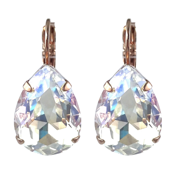 Image of diamond teardrop crystal earrings set in 18ct rose gold guilded metal.