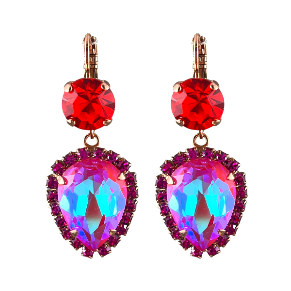 Image of inverted teardrop dangle earrings using fuchsia pink crystal edged with purple seeds and round red crystal above.