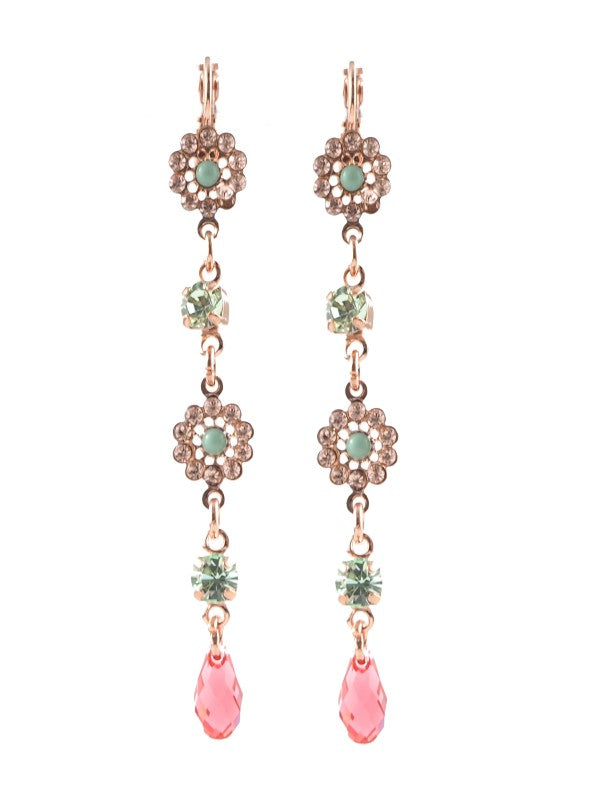 Image of 7.5cm elegant earrings featuring petite swarovski crystals in peach and green.