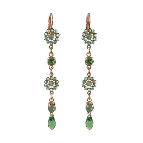 Image of stylish, elegant, dangle earrings from Mariana with peridot green crystals finished with a briolette cut drop. Part of Mariana&#39;s Cruising the Caribbean Collection earrings which are layered in 18-carat Rose Gold featuring Austrian &amp; Czech Crystals:  Chrysolite (238), Peridot Green (214), Erinite Green (360), Pacific Opal (390), Mint Green (397), Royal Green (252), Green Tourmaline (373) that have been co-ordinated with Semi-precious stones:  Green Opalite (M8). French hook.