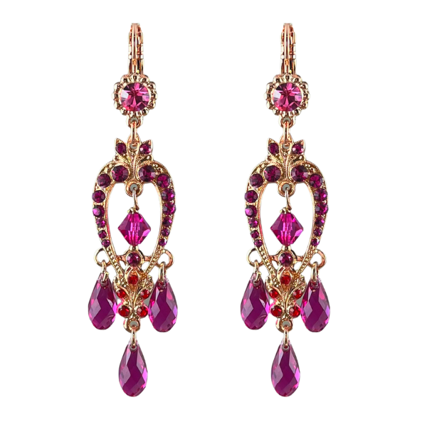 Image of beautifully designed dangle earrings using Mariana's fuchsia, claret and pink swarvoski crystals to bring the earrings to life.
