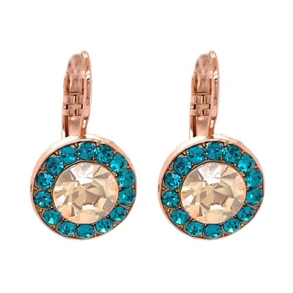 Image of champagne crystal earrings trimmed with tiny turquoise crystals, set on a French hook.