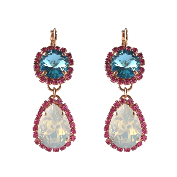 Image of dangle earrings with fresh aqua coloured crystal with pink seed trim crystals co-ordinated with a large milky white teardrop cut crystal with the same trim. Stunning colours set in with a French hook and 18ct Rose Gold plating.
