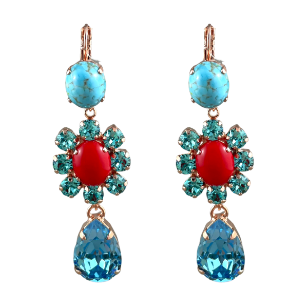 Image of pretty dangle earrings set with pale blue and aqua crystals and red opalite in a floral centrepiece pattern. Measuring 7cm, French hook, 18ct rose gold gilded metal.