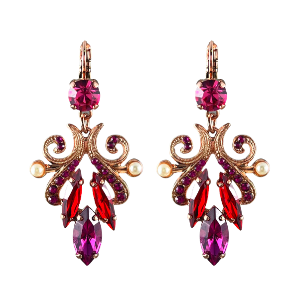 Image of beautifully designed dangle earrings embellished with red, pink, purple Swarovski crystals and faux pearl.