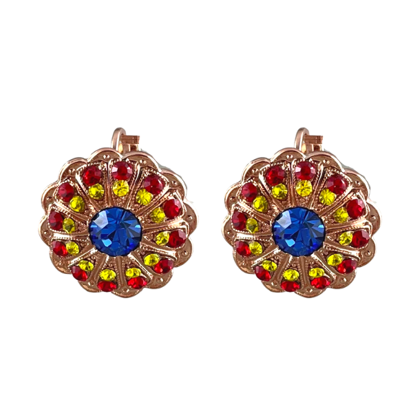 Image of Mariana cluster earrings embellished with red, yellow and cobalt crystals over 18ct rose gold gilded metal.