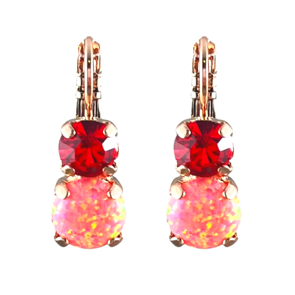 Image of drop earrings with iridized pink opalite and red crystal above, set on a 18ct Rose Gold plated French hook