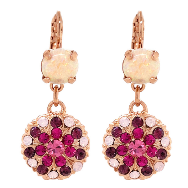Image of 18ct rose gold gilded drop earrings embossed with a guardian angel and encrusted with 5 shades of pink crystals.