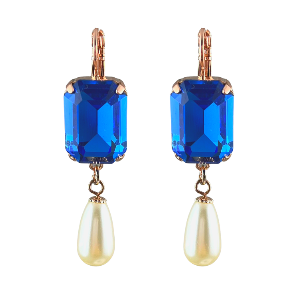 Image of gorgeous earrings with electric blue rectangular crystal and faux pearl dangle.