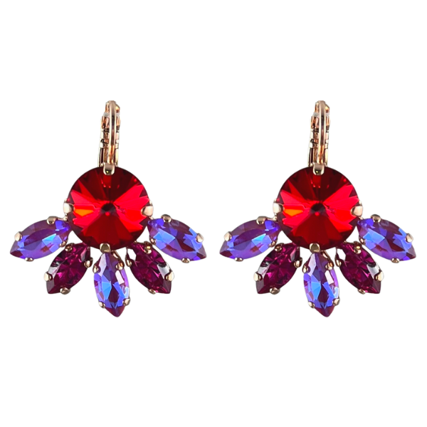 Image of art deco style earrings with red centrepiece and trimmed with purple toned marquise cut crystals.