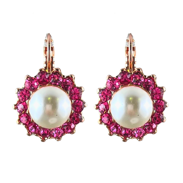 Image of elegant earrings with faux pearl centre trimmed with pink seed crystals. Rose gold plated metal.