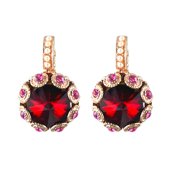 Image of elegant round earrings with large claret swarovski crystal centre edged with pink crystals and tiny faux pearls on hook.