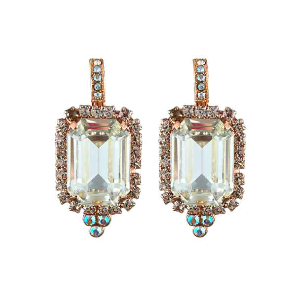 Image of 18ct rose gold plated drop earrings with large rectangular clear crystal trimmed with diamond seed crystals and hook encrusted with diamonds.