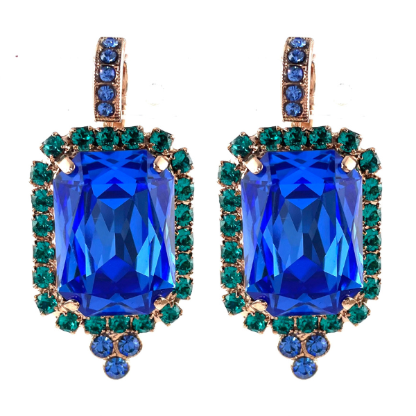Image of 18ct rose gold plated earrings with large rectangular blue crystal trimmed with aqua seed diamond crystals.