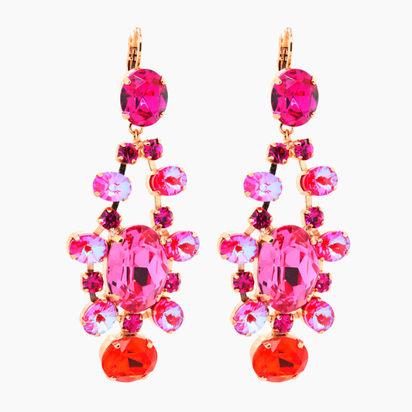 Image of stunning statement earrings set with pink and red crystals set around an oval pink crystal centrepiece. French hook, 18ct Rose Gold plated metal.