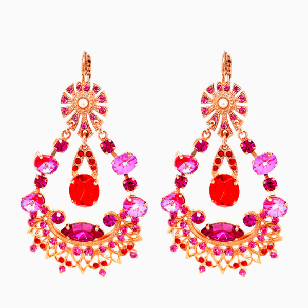Image of large statement dangle earrings embellished with pink, purple and red Swarovski crystals on 18 carat rose gold.