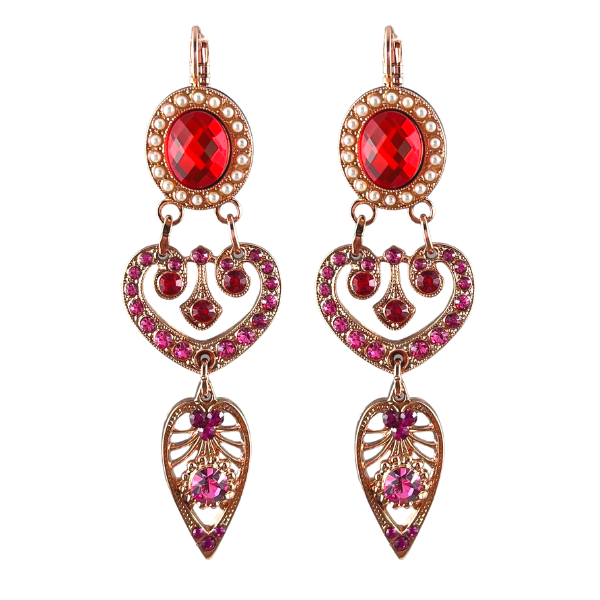 Image of elegant earrings with inverted leaf dangle and heart dangle embellished with red, pink and purple crystals and faux pearl.