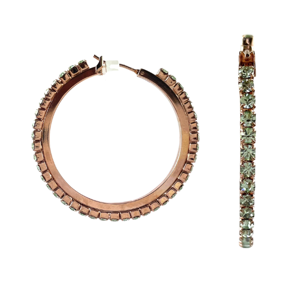 Image of 18ct rose gold plated hoop earrings encrusted with jade green seed crystals.