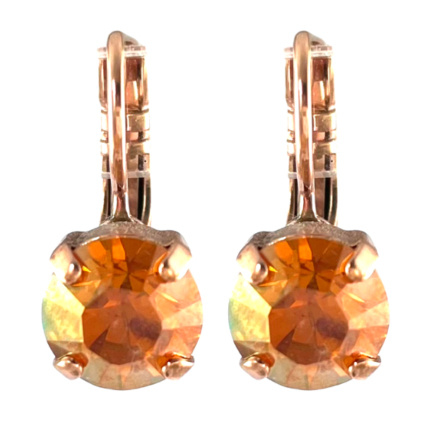Image of dainty everyday earrings set with round amber crystal. 18ct Rose Gold Plated.