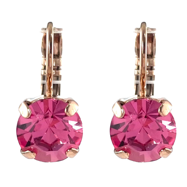 Image of dainty everyday earrings set with round bright pink crystal. 18ct Rose Gold Plated.