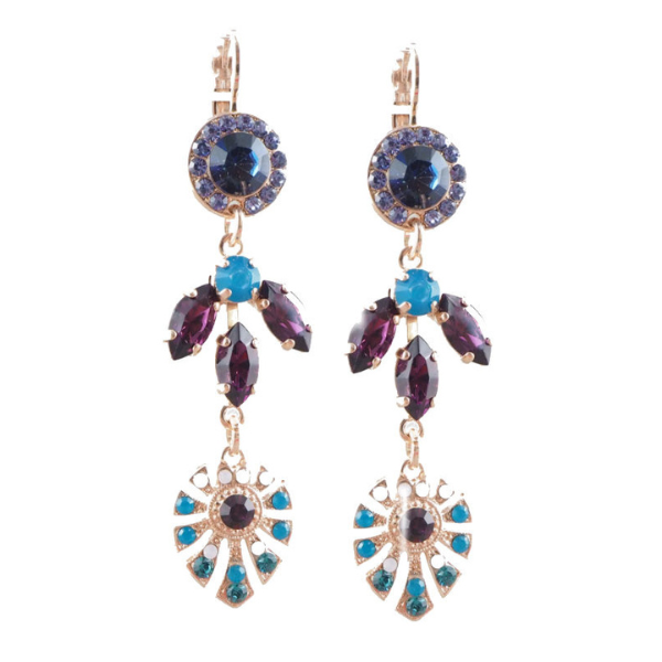 Image of large dangle earrings with a variety of purple, blue and pink crystals and dangle leaf.