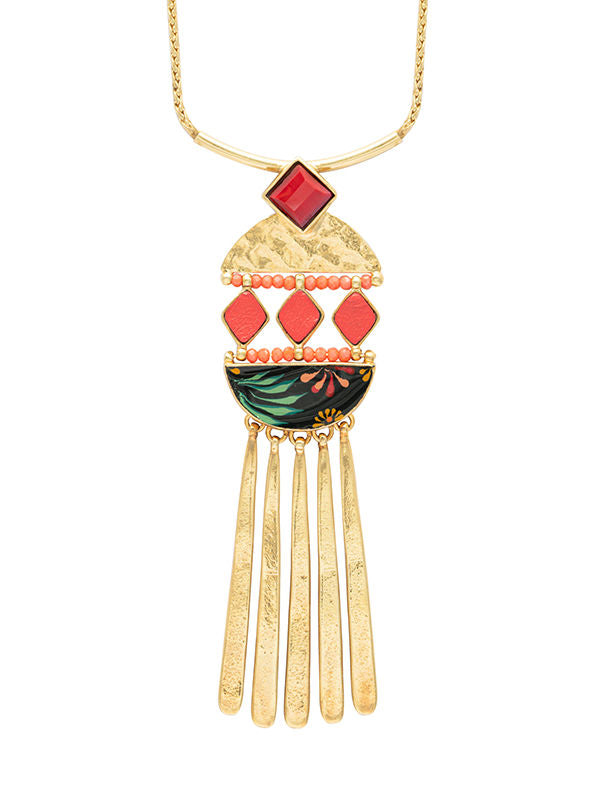 Image of Taratata pendant necklace with fashionable watermelon resin motifs, co-ordinating green and red motifs on black and gold coloured metal.