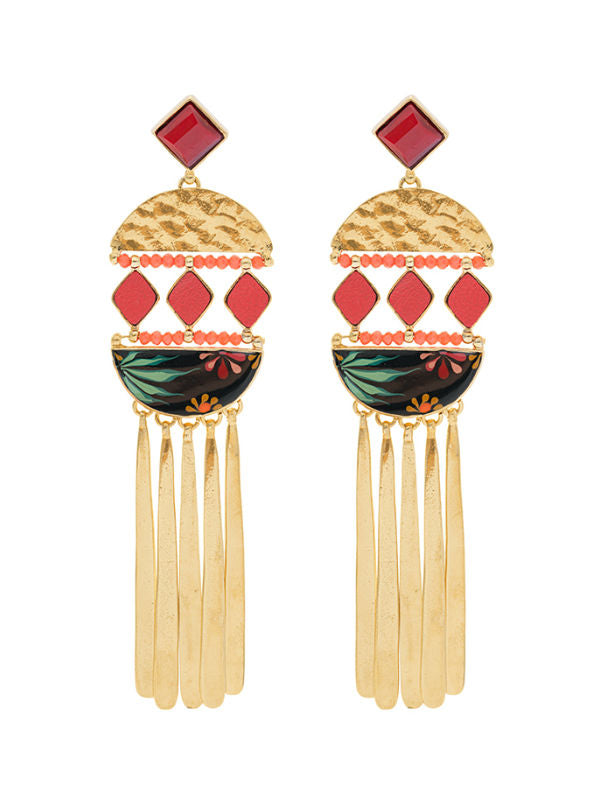 Image of statement earrings with coral, diamond shaped leather pieces co-ordinated with green and red on black motif, gold coloured metal dangles.