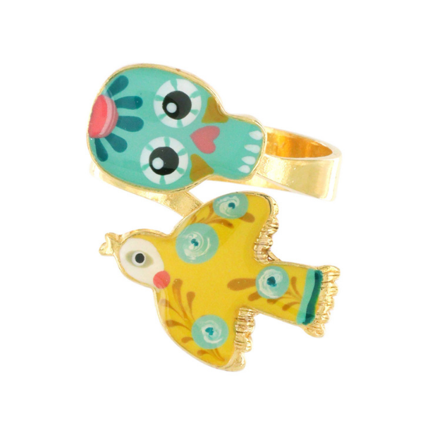 Taratata presents its quirky, French chic flavoured Lucky Charm jewellery collection. This adjustable ring has the shape of a mustard yellow bird in flight decorated with aqua flowers co-ordinated with the Day of the Dead turquoise skull.