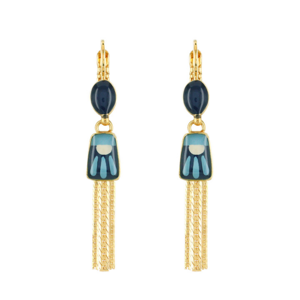 Image of Taratata art deco style earrings with aqua and navy pattern and gold chain dangle.