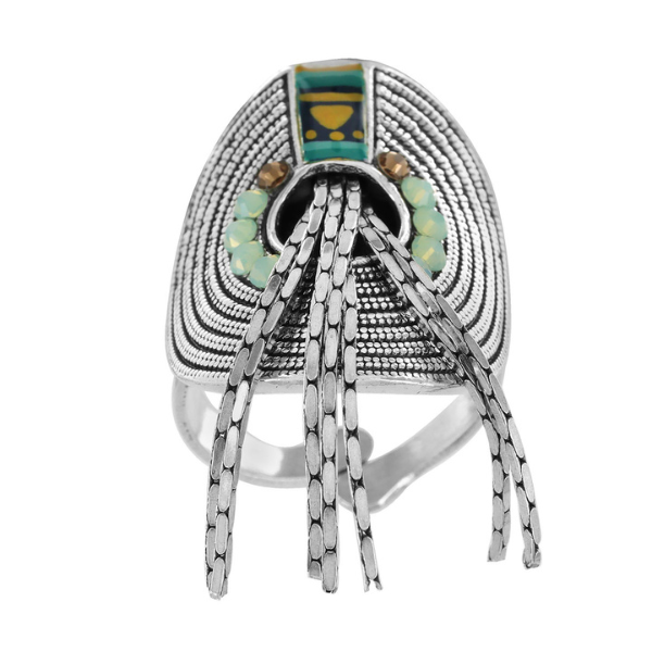 Image of tribal style silver folded disc ring embellished with gold, blue and turquoise beads, a hand painted motif and silver tassels.