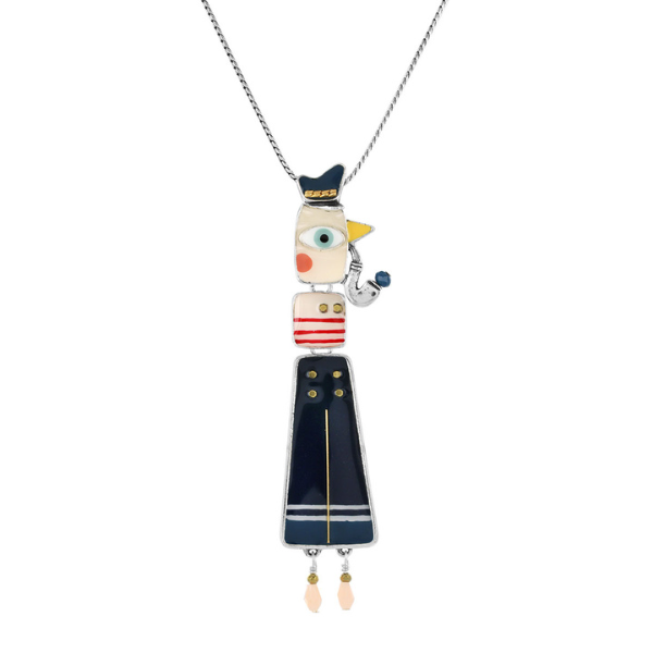 Image of quirky necklace featuring a duck sailor smoking his pipe, all hand painted on long silver metal chain.