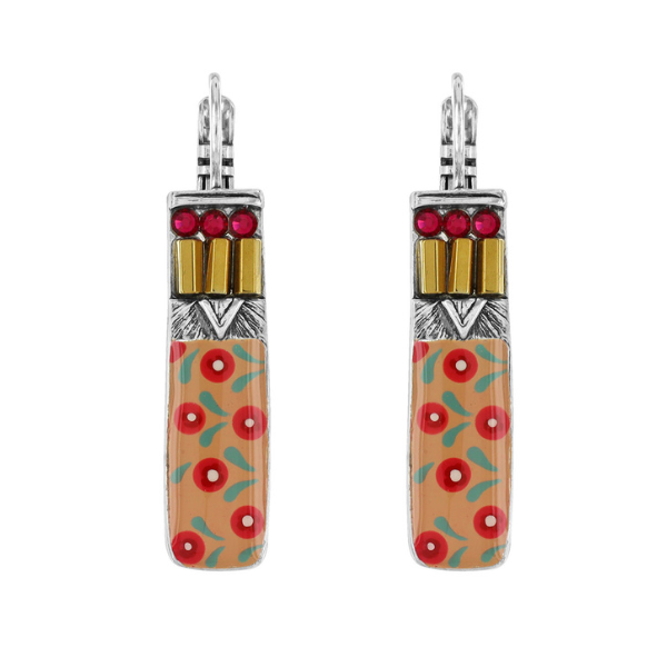Image of cute ethnic style drop earrings hand painted in yellow shades with coloured precious stones and beads on silver french hook.