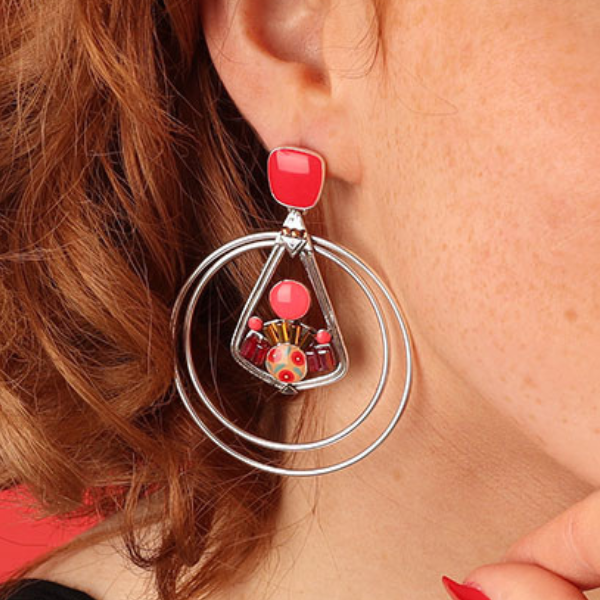 Image of cute ethnic style dangle earrings hand painted in pink shades with coloured precious stones and beads on silver double hoop french hook.