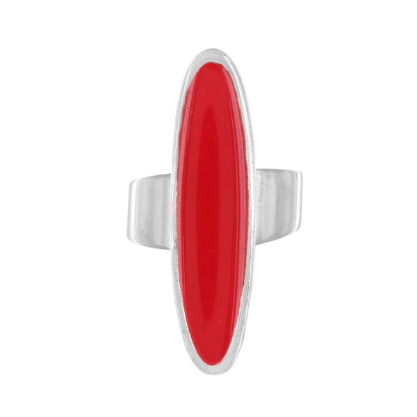 Image of elongated oval shape ring enamelled in red on silver plated adjustable band.