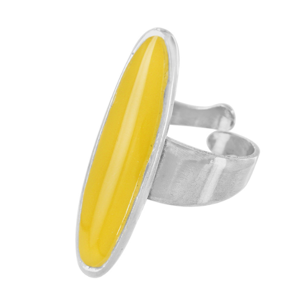 Image of elongated oval shape ring enamelled in yellow on silver plated adjustable band.