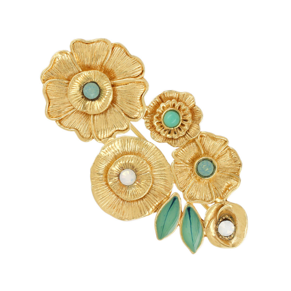 Image of golden brooch with four different shaped flowers with blue green rhinestone in centre of each on gold metal finish.
