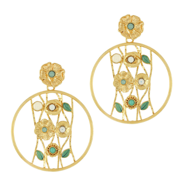 Image of elegant golden creole dangle earrings embellished with different shaped flowers using rhinestone as centrepiece on gold metal finish.