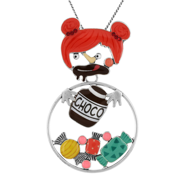 Image of quirky necklace featuring red headed girl eating chocolate all hand painted in multicoloured resin on silver plated finish.