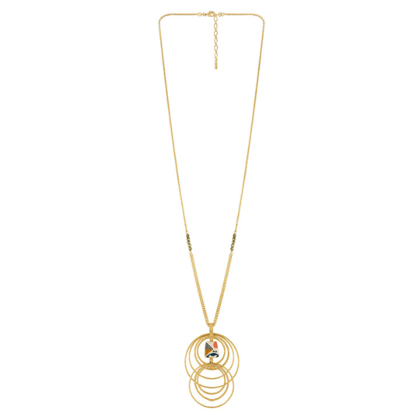 Image of long multi ring necklace, chain embellished in beads and hand painted motif on golden metal finish.
