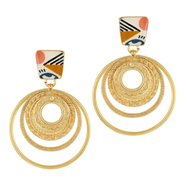 Image of quirky multicoloured motif earrings with 3 ring dangles on french hook gold metal finish.