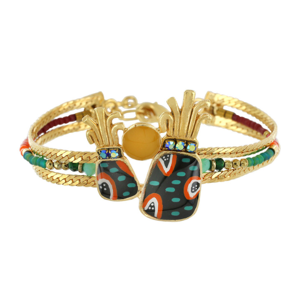 Image of multicoloured beaded triple chain bracelet with hand painted pineapple feature centrepiece with gold hook clasp.