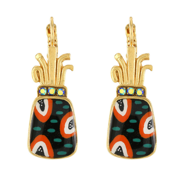 Image of quirky french hook earrings in the shape of pineapple hand painted multicolours on gold metal finish.