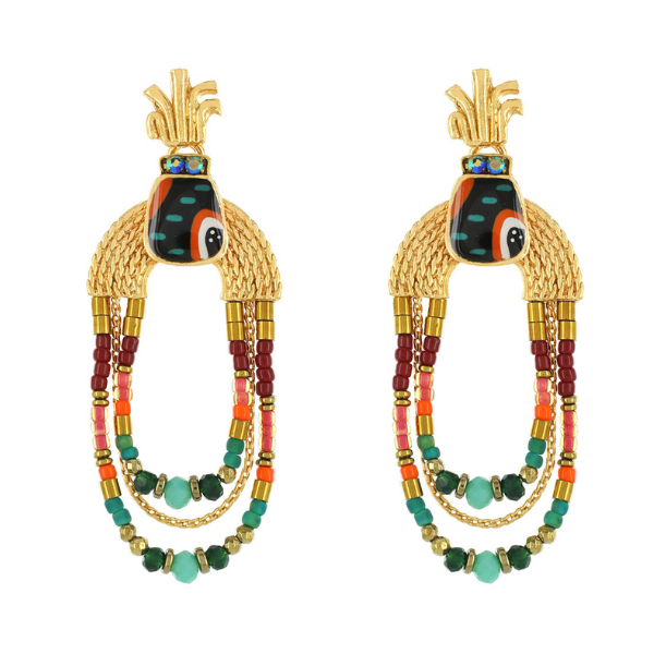 Image of tribal style dangle earrings with double layer beads and hand painted motifs on gold metal finish.