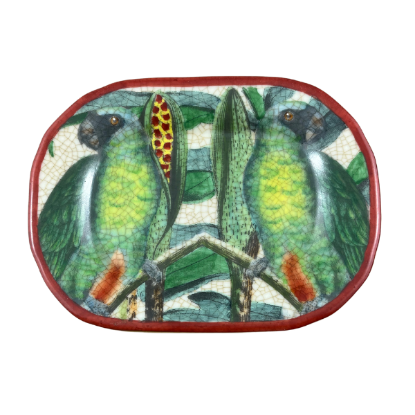 Image of porcelain glazed savon dish with 2 green parrots pattern.