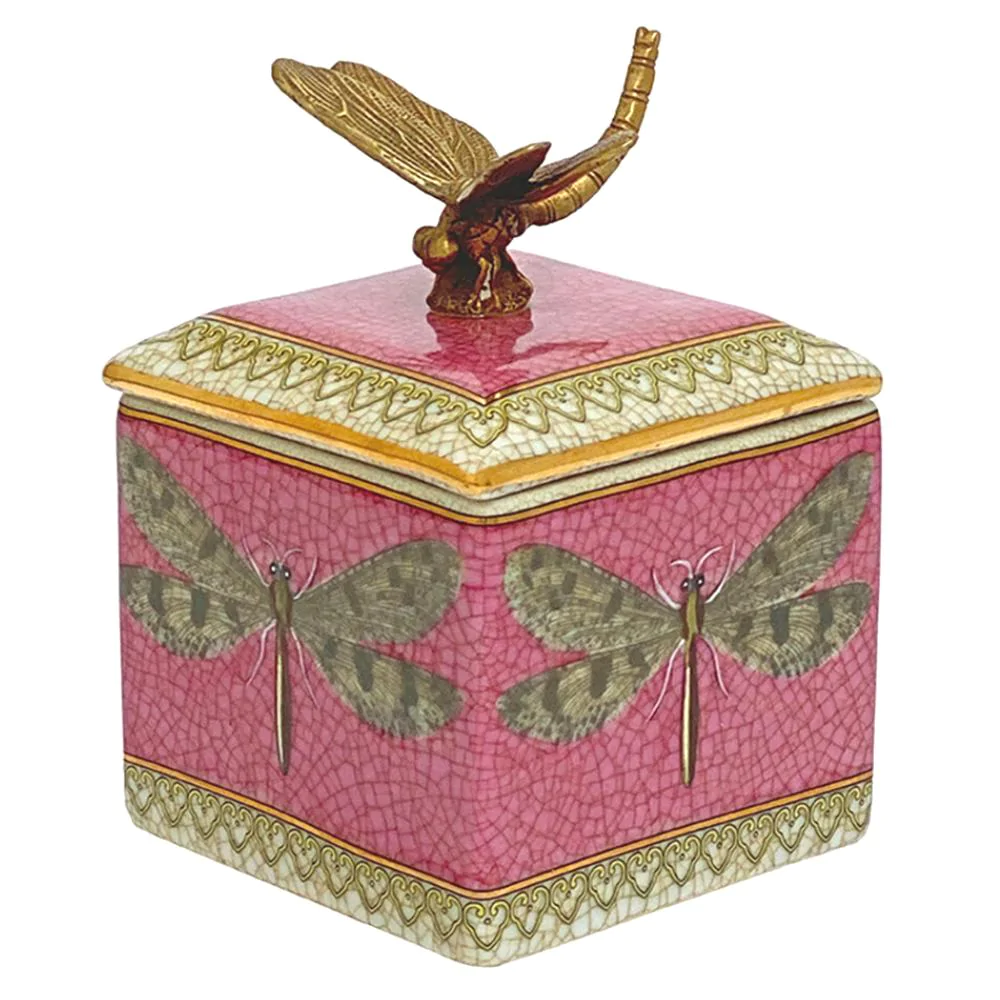 Image of square trinket box with dragonfly feature bronze lid, painted in pink and gold on glazed crackle finish.