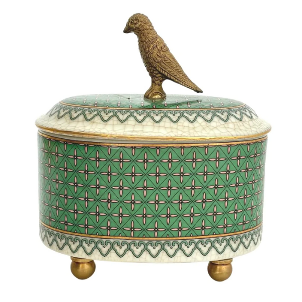 Image of Pretty bird feature lid, oval shaped trinket box with brass detail and green colours.