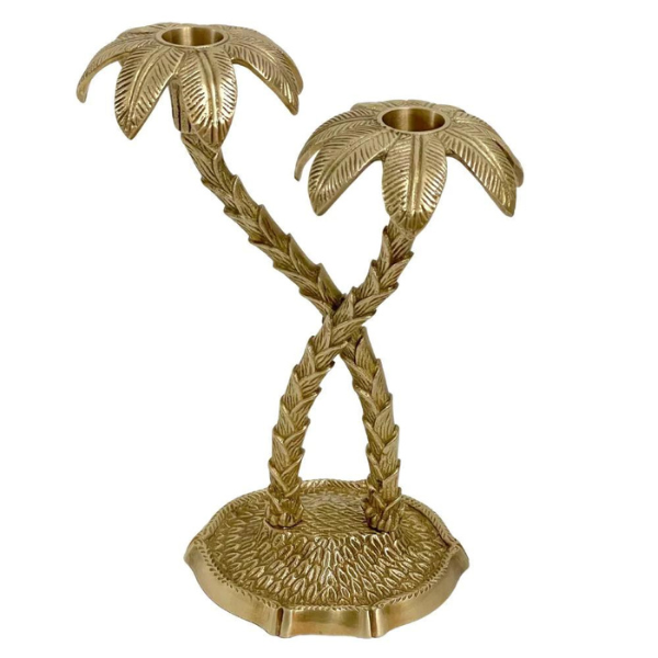 Image of Statuesque candle holder formed from brass with 2 palm trees as holders.  How impressive would this be sitting in your dining/family room?