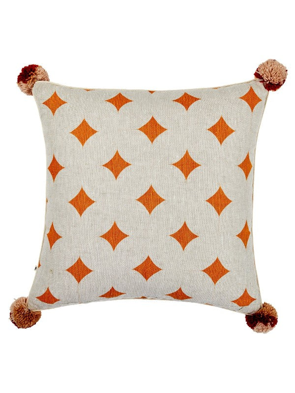 Geometric orange and red design hand screen printed on white linen, trimmed with piping and a single pompom on each corner. Reverse pattern printed on oat linen on the reverse side. Filled with a plus feather inner, 60cm square.
